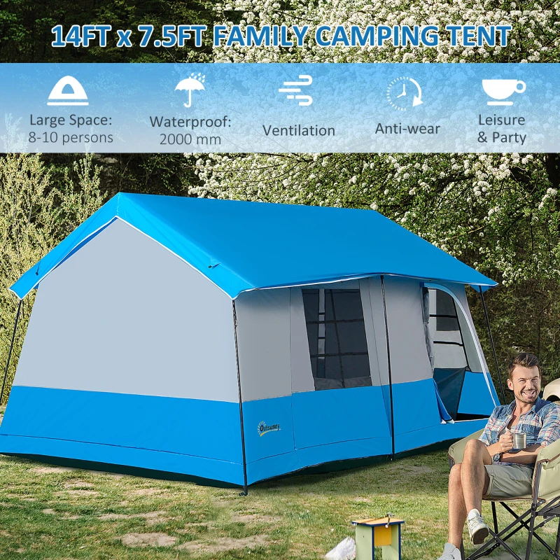 Outsunny Large Camping Tent with 10 Person Floorspace, Rain Cover & Breathable Mesh Roof, Cabin Tent 8 Person Size, Big Family Tent Camping Accessory, Blue