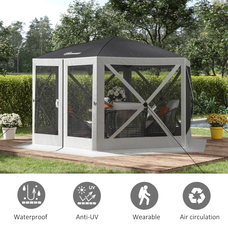 Outsunny 12' x 12' Hexagon Automatic Pop Up Screen Tents Camping Shelter Picnic Canopy with Mesh Sidewalls and Carry Bag, Grey