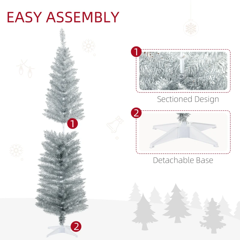 HOMCOM 6' Artificial Pencil Christmas Tree, Slim Xmas Tree with 390 Realistic Branch Tips and Plastic Stand, Silver