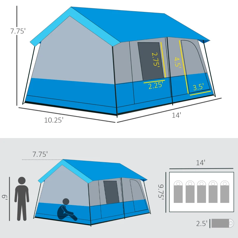 Outsunny Large Camping Tent with 10 Person Floorspace, Rain Cover & Breathable Mesh Roof, Cabin Tent 8 Person Size, Big Family Tent Camping Accessory, Blue