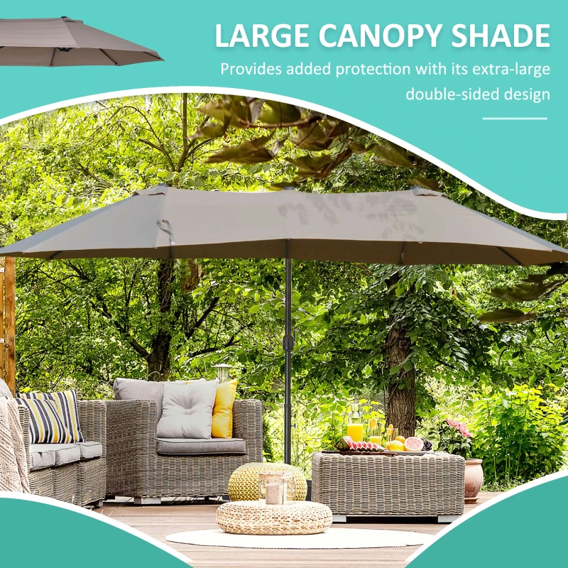 Outsunny 14ft Patio Umbrella Double-Sided Outdoor Market Extra Large Umbrella with Crank, Cross Base for Deck, Lawn, Backyard and Pool, Brown