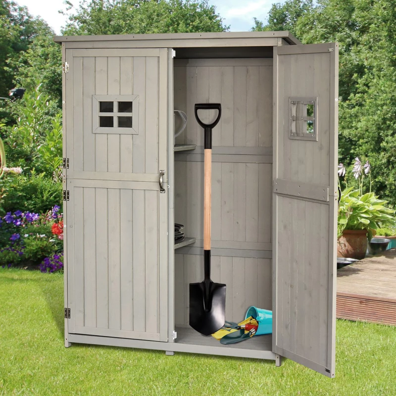Outsunny 4x1.5ft Wooden Garden Sheds, Outdoor Storage with Windows and Double Door for Gardeners, Grey