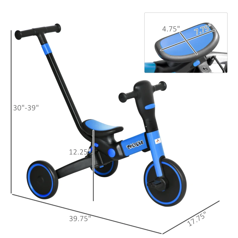 Aosom 4-in-1 Toddler Tricycle, Adjustable Balance Bike, Kids Bike, Baby Bicycle Push Trike for Kids 2-4 with Folding Trike Handle, Outdoor Toy for Toddlers & Kindergarteners, Blue