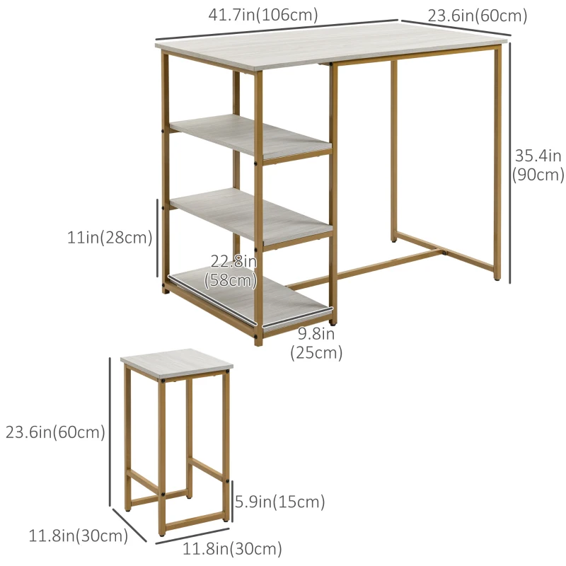 HOMCOM 3 Piece Bar Table and Chairs Set, Kitchen Table and 2 Bar Stools for Dining Room, Living Room, Small Space, Grey