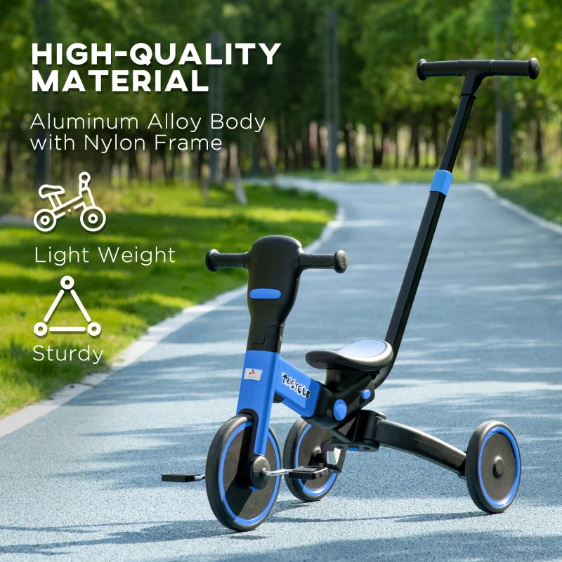 Aosom 4-in-1 Toddler Tricycle, Adjustable Balance Bike, Kids Bike, Baby Bicycle Push Trike for Kids 2-4 with Folding Trike Handle, Outdoor Toy for Toddlers & Kindergarteners, Blue