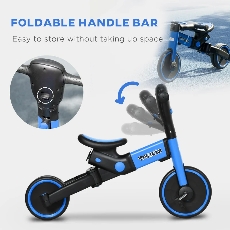 Aosom 4-in-1 Toddler Tricycle, Adjustable Balance Bike, Kids Bike, Baby Bicycle Push Trike for Kids 2-4 with Folding Trike Handle, Outdoor Toy for Toddlers & Kindergarteners, Blue