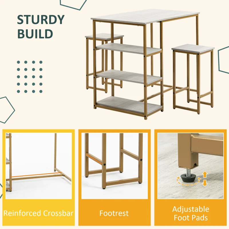 HOMCOM 3 Piece Bar Table and Chairs Set, Kitchen Table and 2 Bar Stools for Dining Room, Living Room, Small Space, Grey