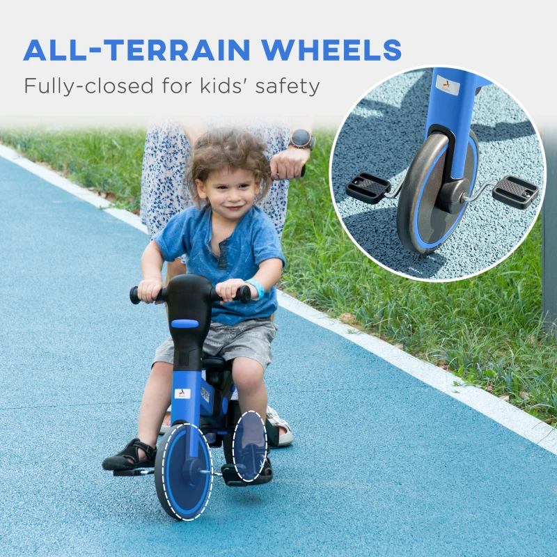 Aosom 4-in-1 Toddler Tricycle, Adjustable Balance Bike, Kids Bike, Baby Bicycle Push Trike for Kids 2-4 with Folding Trike Handle, Outdoor Toy for Toddlers & Kindergarteners, Blue