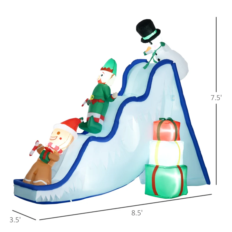 HOMCOM 8.5FT Long Christmas Inflatables Outdoor Decorations Snowman, Elf and Gingerbread Man on Ski Slope, Blow-Up LED Christmas Decor, Waterproof