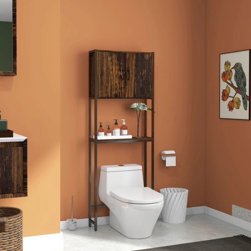 kleankin Over The Toilet Cabinet, Industrial Bathroom Above Toilet Storage with Double Door Cupboard and Adjustable Shelf, Brown