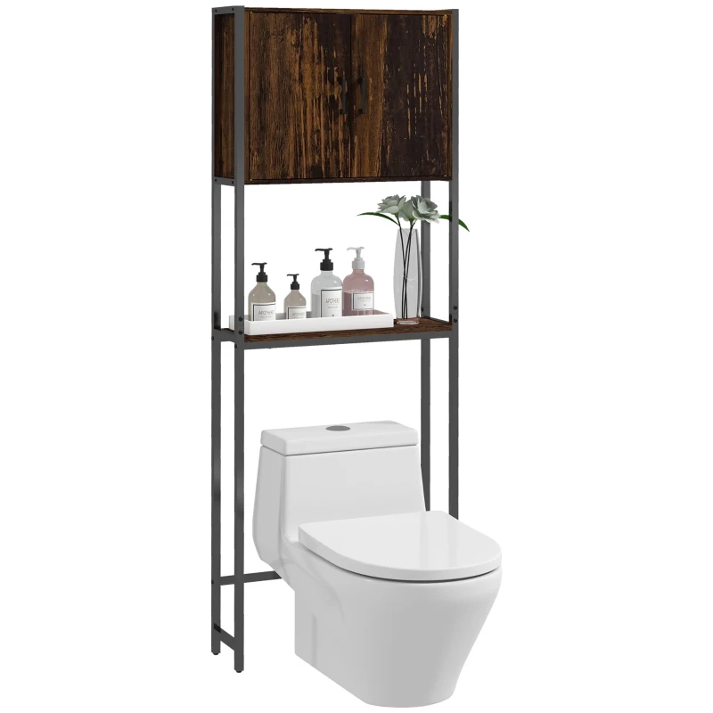 kleankin Over The Toilet Cabinet, Industrial Bathroom Above Toilet Storage with Double Door Cupboard and Adjustable Shelf, Brown