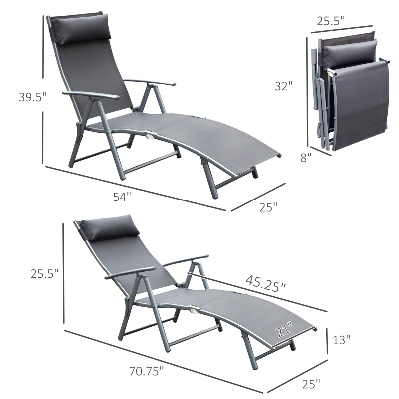 Outsunny Chaise Lounge Foldable Outdoor Chair, Portable, 7-Position Adjustable Reclining Tri-fold Chair for Camping, Sunbathing & Tanning at the Beach, Swimming Pool with Pillow, Grey