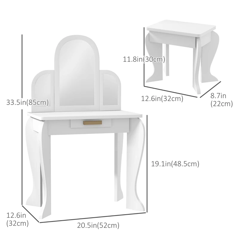 Qaba Kids Dressing Table and Chair Set, Girls Dressing Set, Makeup Desk with Drawer for 3-6 Years Old Kids, White