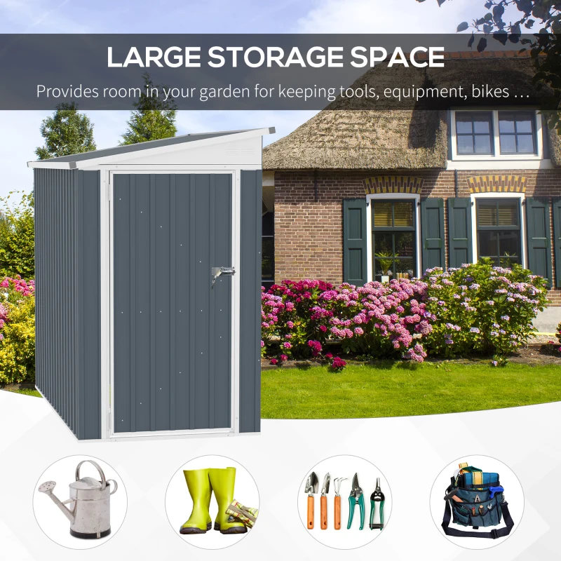 Outsunny 4' x 6' Lean to Garden Storage Shed, Outdoor Metal Tool House with Lockable Door Vents for Backyard Patio Lawn
