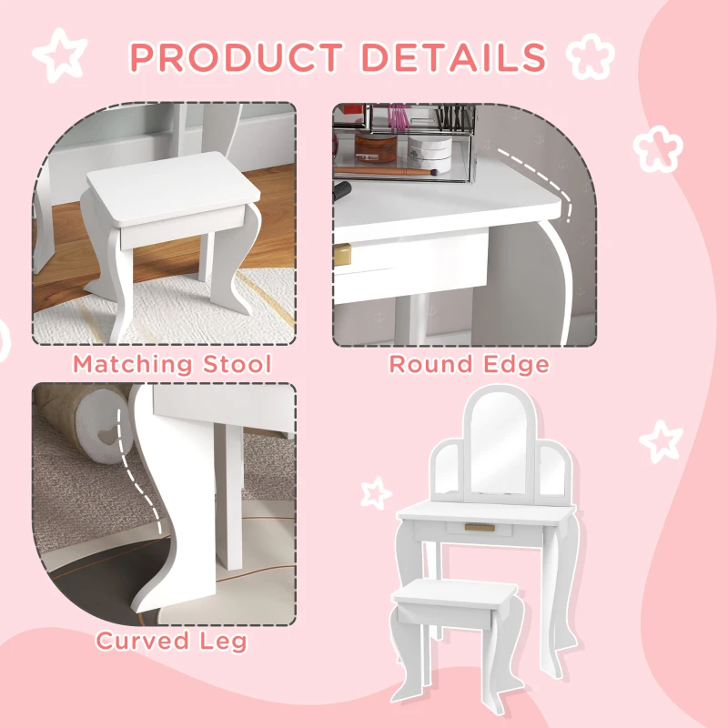 Qaba Kids Dressing Table and Chair Set, Girls Dressing Set, Makeup Desk with Drawer for 3-6 Years Old Kids, White