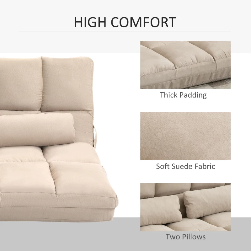 HOMCOM Convertible Floor Sofa Chair, Folding Couch Bed, Guest Chaise Lounge with 2 Pillows, Adjustable Backrest and Headrest, 40.25" L, Beige
