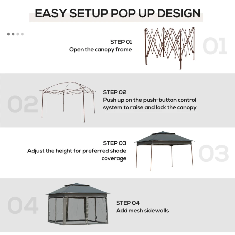 Outsunny 11' x 11' Pop Up Canopy, Outdoor Patio Gazebo Shelter with Removable Zipper Netting, Instant Event Tent w/ 114 Square Feet of Shade and Carry Bag for Backyard, Garden, Dark Gray