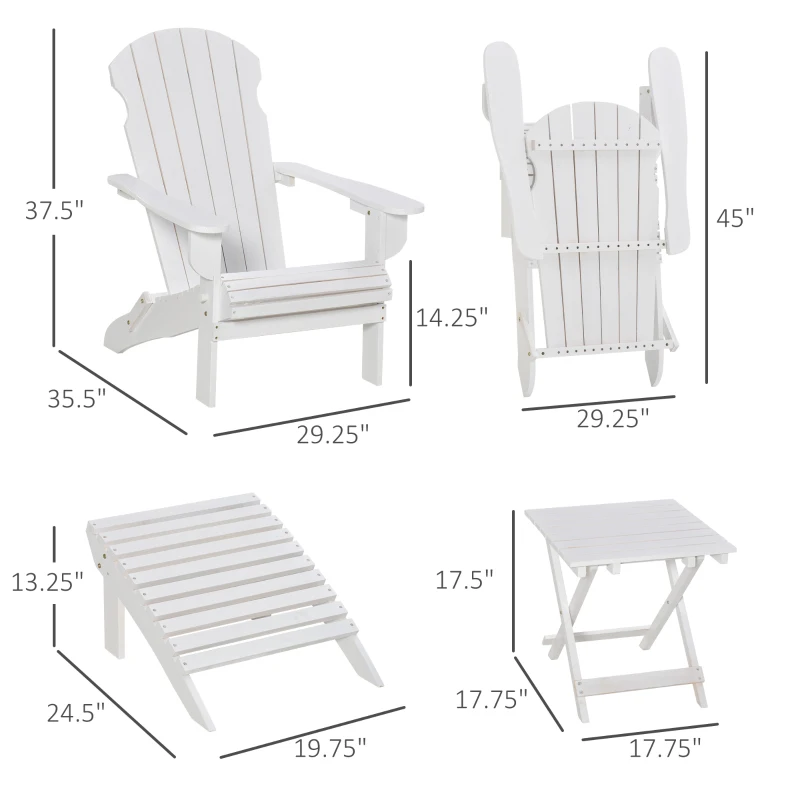 Outsunny 3-Piece Folding Adirondack Chair with Ottoman and Side Table, Outdoor Wooden Fire Pit Chairs w/ High-back, Wide Armrests for Patio, Backyard, Garden, Lawn Furniture, White