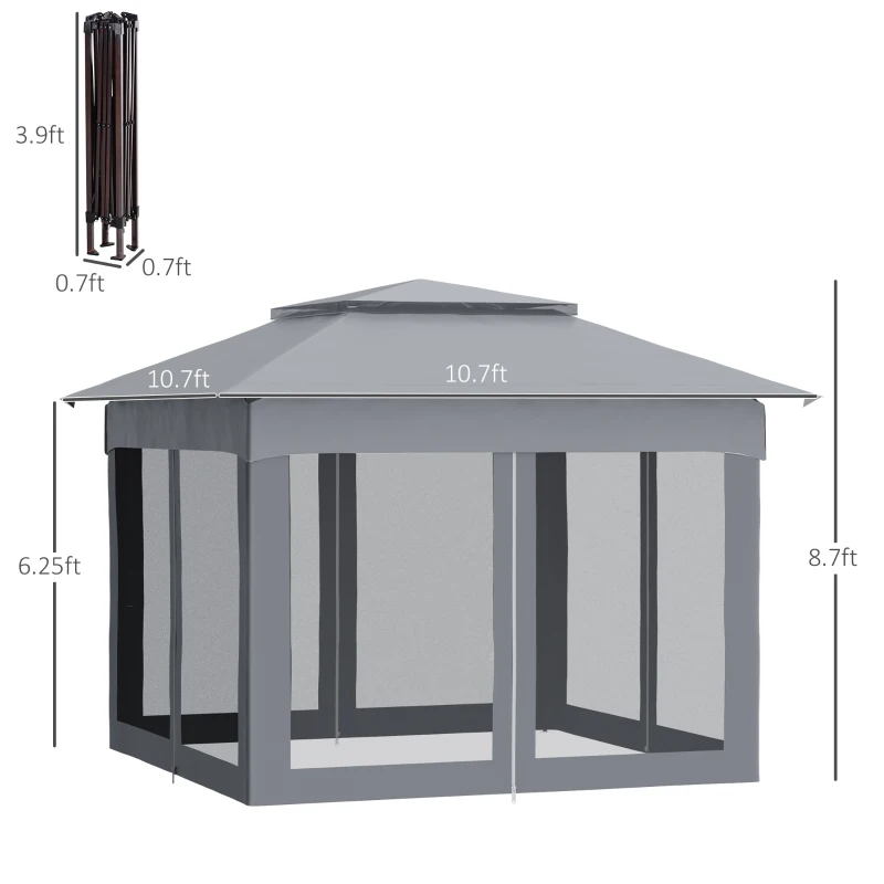 Outsunny 11' x 11' Pop Up Canopy, Outdoor Patio Gazebo Shelter with Removable Zipper Netting, Instant Event Tent w/ 114 Square Feet of Shade and Carry Bag for Backyard, Garden, Gray