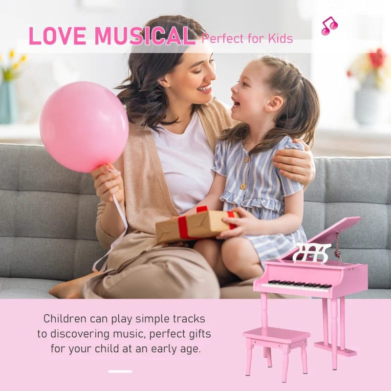 HOMCOM Modern Kids Piano, 30 Keys, Set of 2, Mini Toy for Child, Grand Piano with Music Stand and Bench, Ideal Gift, Pink