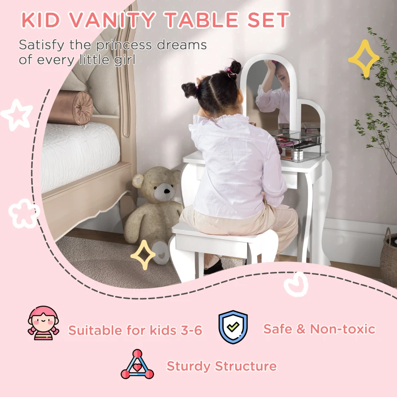 Qaba Kids Dressing Table and Chair Set, Girls Dressing Set, Makeup Desk with Drawer for 3-6 Years Old Kids, White