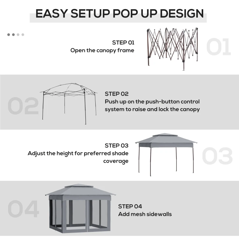 Outsunny 11' x 11' Pop Up Canopy, Outdoor Patio Gazebo Shelter with Removable Zipper Netting, Instant Event Tent w/ 114 Square Feet of Shade and Carry Bag for Backyard, Garden, Gray