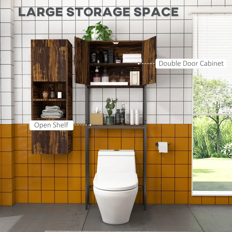 kleankin Over The Toilet Cabinet, Industrial Bathroom Above Toilet Storage with Double Door Cupboard and Adjustable Shelf, Brown