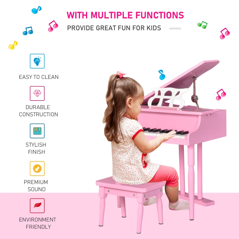 HOMCOM Modern Kids Piano, 30 Keys, Set of 2, Mini Toy for Child, Grand Piano with Music Stand and Bench, Ideal Gift, Pink