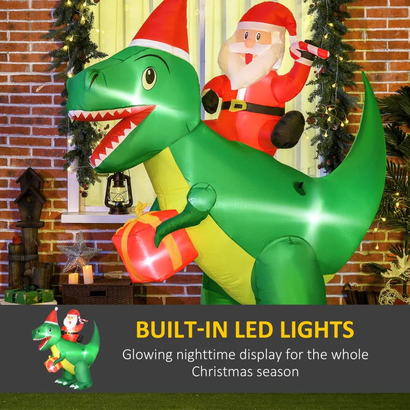 HOMCOM 6ft Christmas Inflatable Santa Claus Riding Dinosaur for Outdoor, Yard Blow Up Decoration with LED Lights for Party