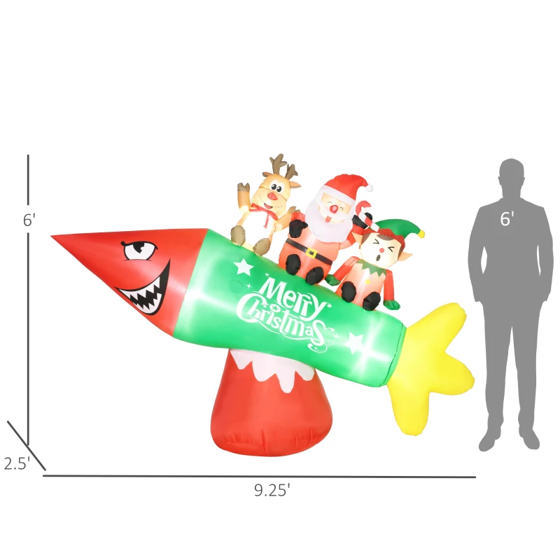 HOMCOM 9' Christmas Inflatables Outdoor Decorations Rocket Carrying Santa Claus, Elf, and Reindeer, Blow-Up LED Yard Christmas Decor, Waterproof