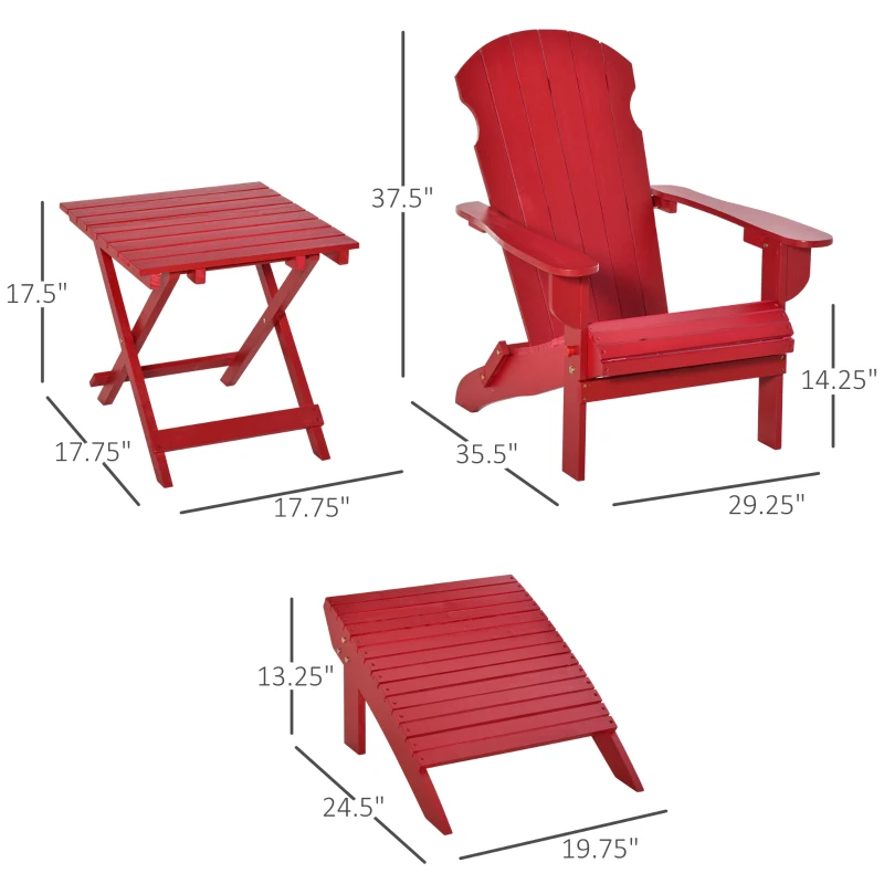 Outsunny 3-Piece Folding Adirondack Chair with Ottoman and Side Table, Outdoor Wooden Fire Pit Chairs w/ High-back, Wide Armrests for Patio, Backyard, Garden, Lawn Furniture, Red