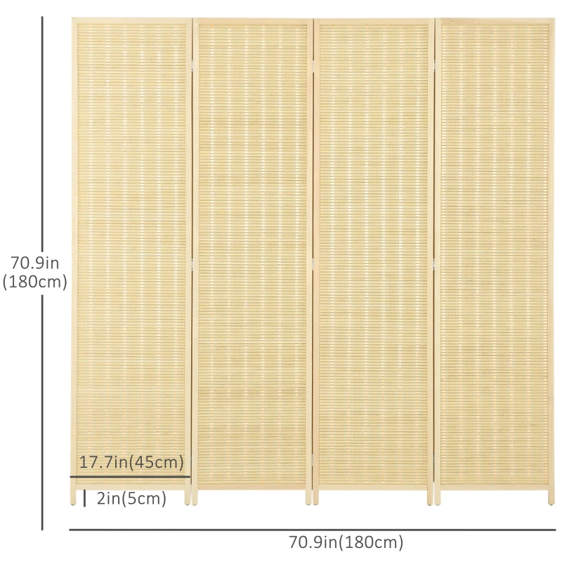 HOMCOM Woven Bamboo Room Divider, 4 Panel Folding Indoor Privacy Screens for Home Office, 71"x71"x0.6", Natural