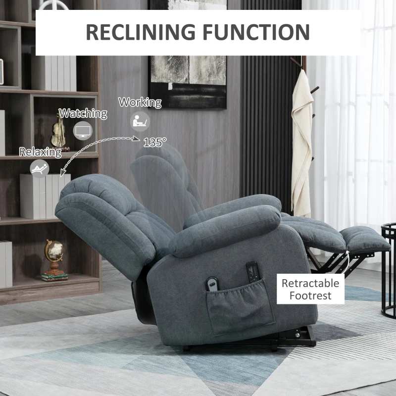 HOMCOM Power Lift Chair for Elderly Big and Tall with Massage, Linen Fabric Upholstered Recliner Sofa Chair with Remote Control, Side Pockets, Grey