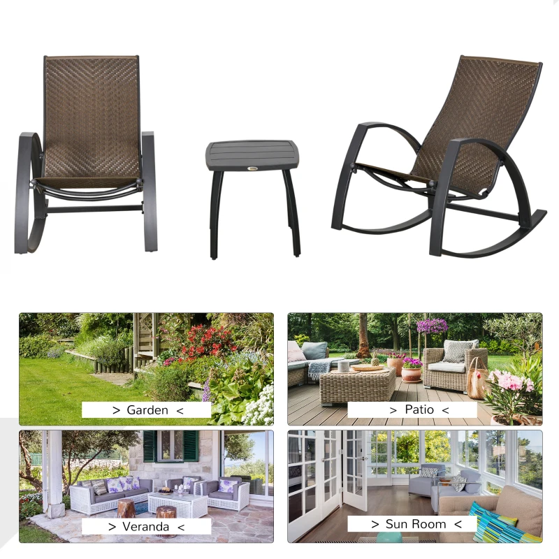 Outsunny 3 Pieces Patio Wicker Rocking Chair Set, Outdoor PE Rattan Bistro Rocker Set w/ Aluminum Frame, and Glass Top Coffee Table for Garden, Porch, Poolside, Brown