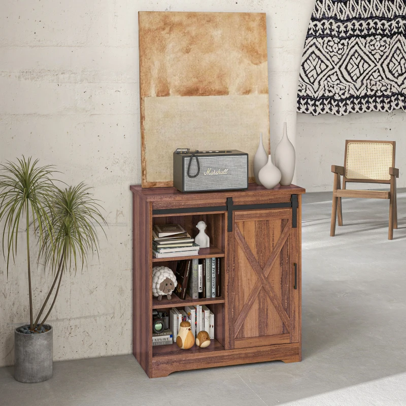 HOMCOM Farmhouse Kitchen Sideboard Buffet Cabinet Coffee Bar Cabinet with Sliding Barn Door and Adjustable Shelf Brown