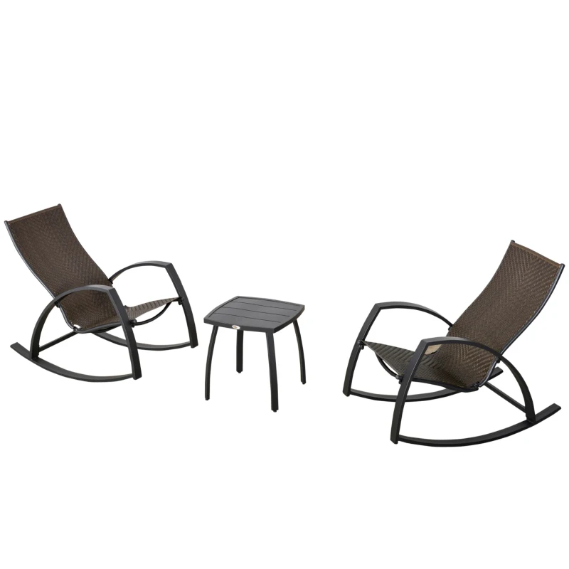 Outsunny 3 Pieces Patio Wicker Rocking Chair Set, Outdoor PE Rattan Bistro Rocker Set w/ Aluminum Frame, and Glass Top Coffee Table for Garden, Porch, Poolside, Brown