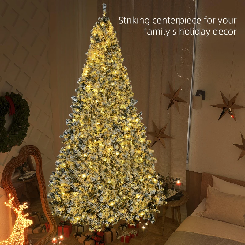 HOMCOM 9' Prelit Artificial Flocked Christmas Trees, with Snow Frosted Branches, Warm White LED Lights, Auto Open