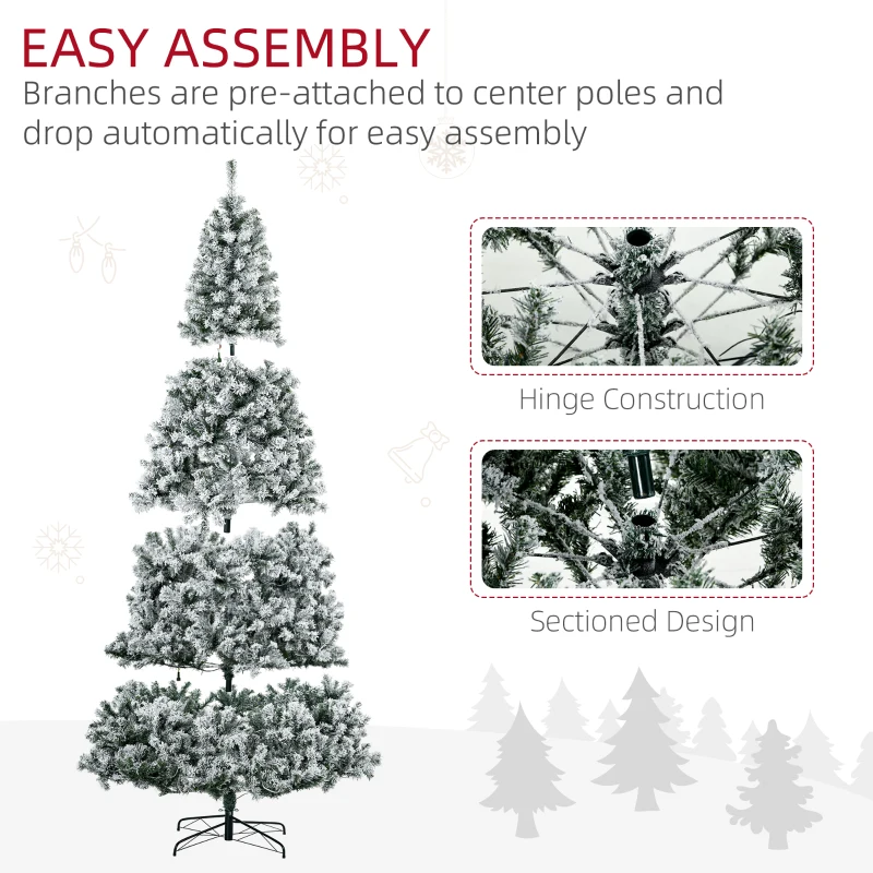 HOMCOM 9' Prelit Artificial Flocked Christmas Trees, with Snow Frosted Branches, Warm White LED Lights, Auto Open