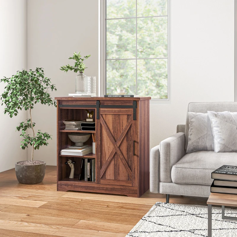 HOMCOM Farmhouse Kitchen Sideboard Buffet Cabinet Coffee Bar Cabinet with Sliding Barn Door and Adjustable Shelf Brown