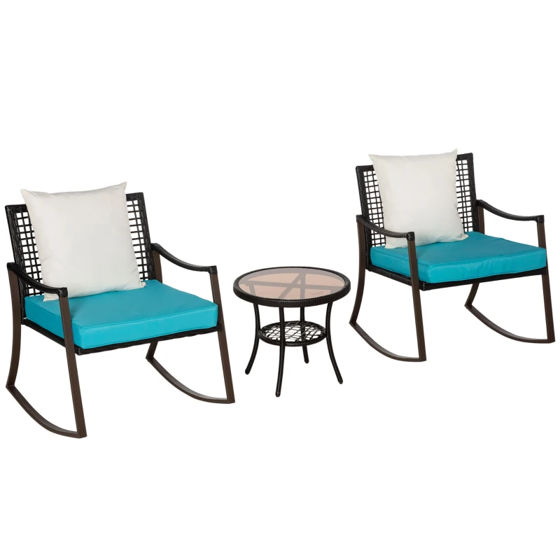 Outsunny 3 Pieces Patio Wicker Rocking Set, Outdoor PE Rattan Bistro Furniture Set with Soft Padded Cushions, Pillows and Round Glass Top Coffee Table for Patio, Backyard, Garden, Green