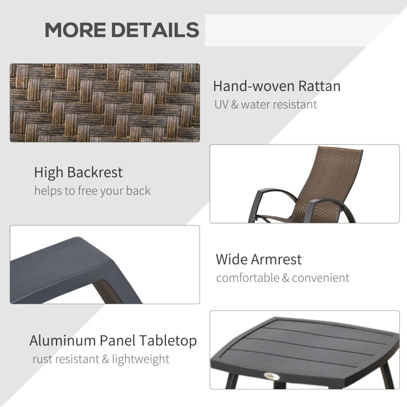 Outsunny 3 Pieces Patio Wicker Rocking Chair Set, Outdoor PE Rattan Bistro Rocker Set w/ Aluminum Frame, and Glass Top Coffee Table for Garden, Porch, Poolside, Brown