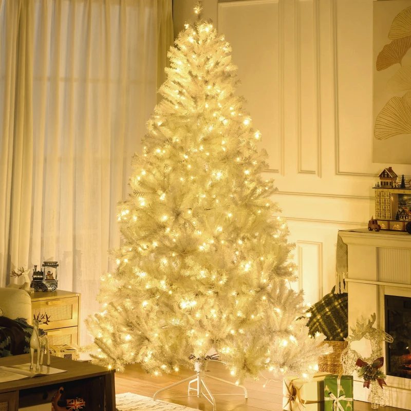 HOMCOM 7.5' Prelit Artificial White Christmas Trees Home Decor, with Warm White LED Lights, Auto Open, Steel Base