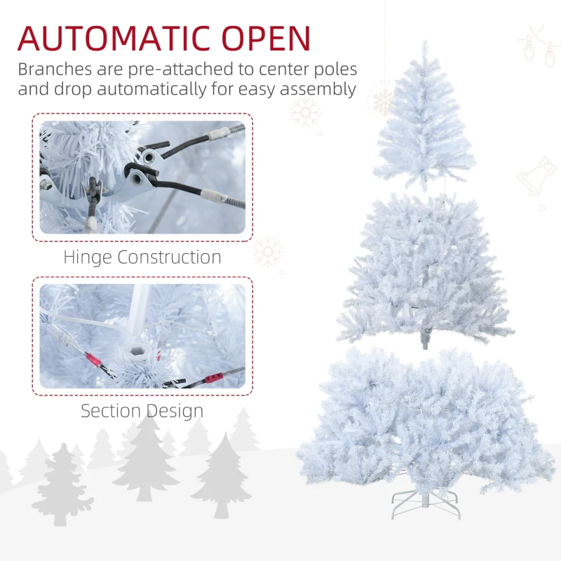 HOMCOM 7.5' Prelit Artificial White Christmas Trees Home Decor, with Warm White LED Lights, Auto Open, Steel Base