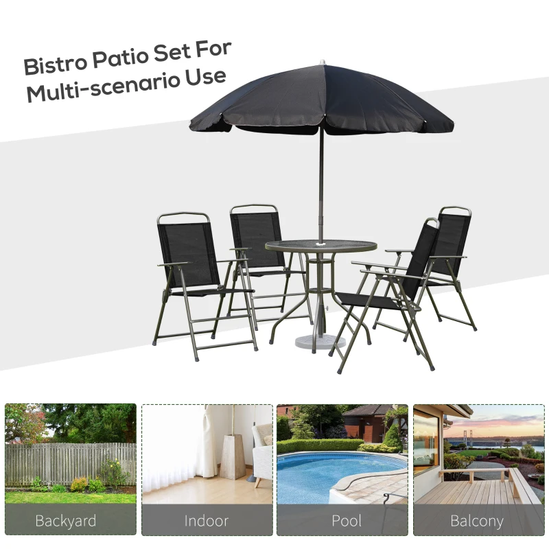 Outsunny 6 Piece Patio Dining Set for 4 with Umbrella, Outdoor Table and Chairs with 4 Folding Dining Chairs & Round Glass Table for Garden, Backyard and Poolside, Black