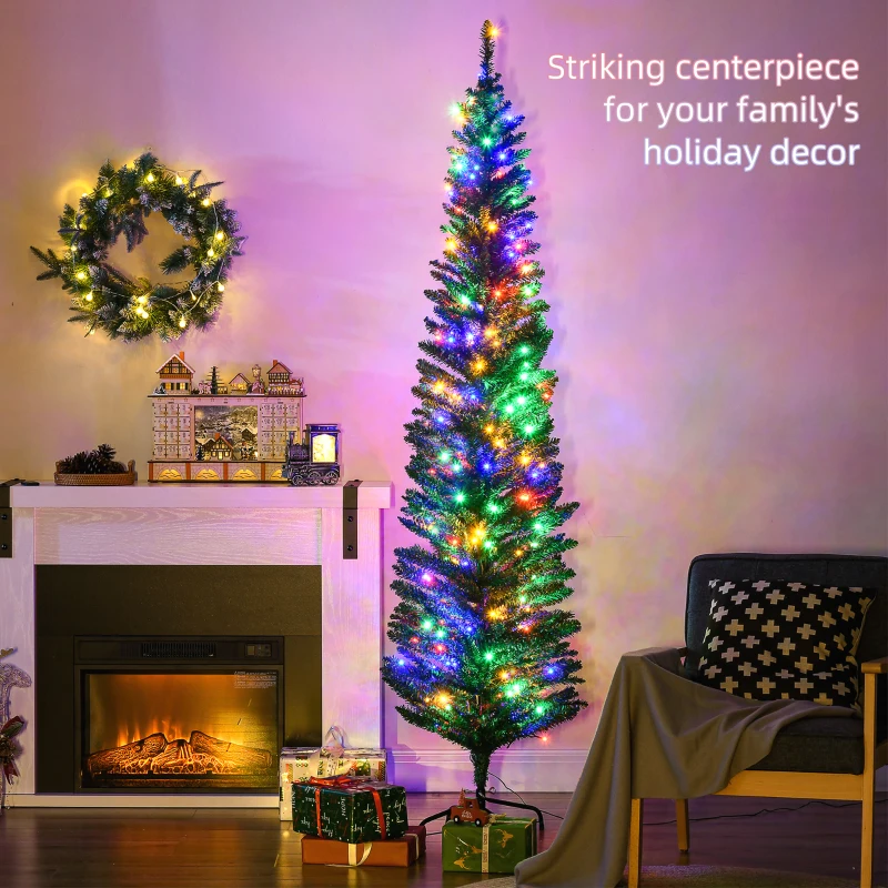 HOMCOM 7' Artificial Pencil Christmas Trees Holiday Decoration with Colorful LED Lights, Steel Base, Skinny Shape