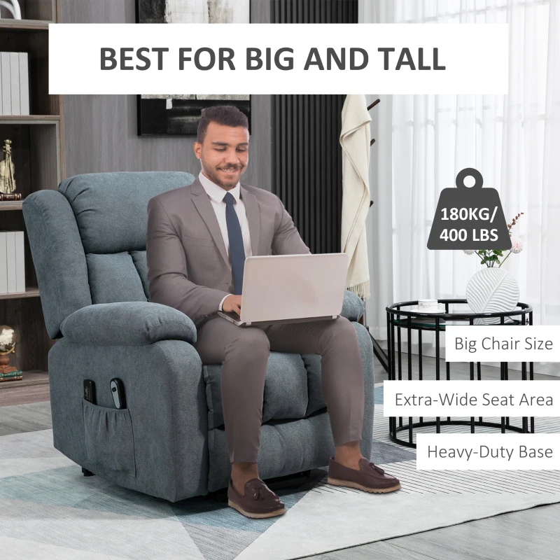 HOMCOM Power Lift Chair for Elderly Big and Tall with Massage, Linen Fabric Upholstered Recliner Sofa Chair with Remote Control, Side Pockets, Grey