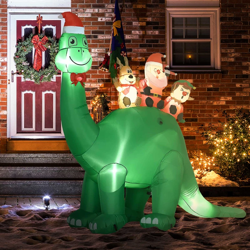 HOMCOM 6.6' Christmas Inflatables Outdoor Decorations Dinosaur Carrying Santa Claus, Elf, and Reindeer, Blow-Up LED Yard Christmas Decor, Waterproof