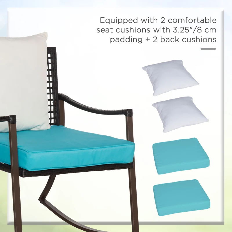 Outsunny 3 Pieces Patio Wicker Rocking Set, Outdoor PE Rattan Bistro Furniture Set with Soft Padded Cushions, Pillows and Round Glass Top Coffee Table for Patio, Backyard, Garden, Green