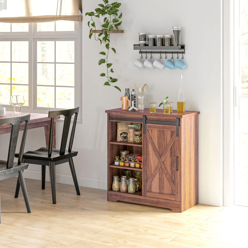 HOMCOM Farmhouse Kitchen Sideboard Buffet Cabinet Coffee Bar Cabinet with Sliding Barn Door and Adjustable Shelf Brown