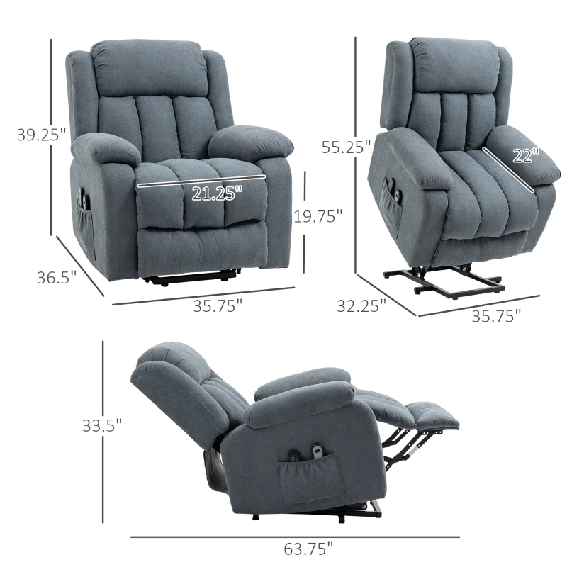 HOMCOM Power Lift Chair for Elderly Big and Tall with Massage, Linen Fabric Upholstered Recliner Sofa Chair with Remote Control, Side Pockets, Grey